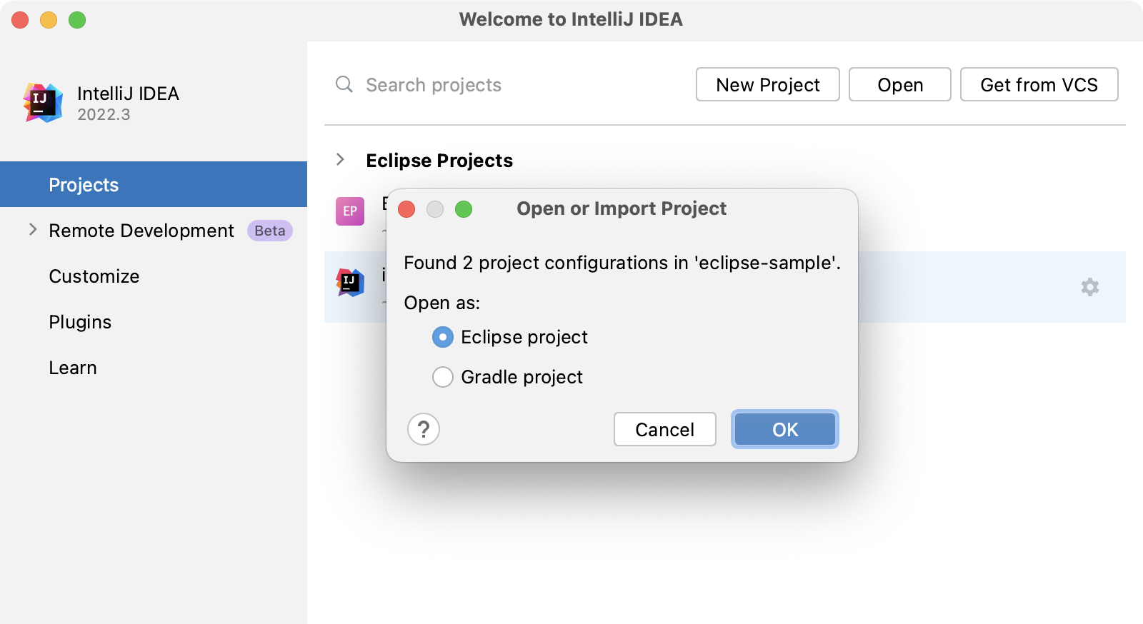 Dialog that prompts you to select how you want to import the project