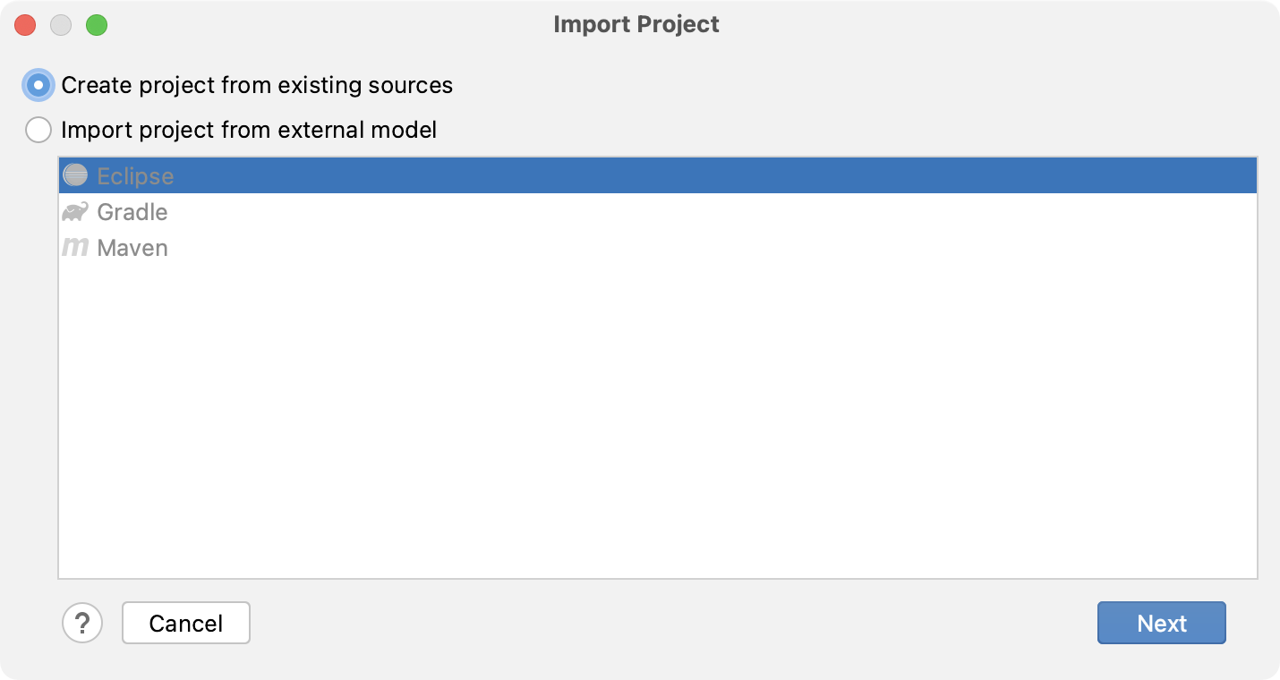 Creating a project from existing sources