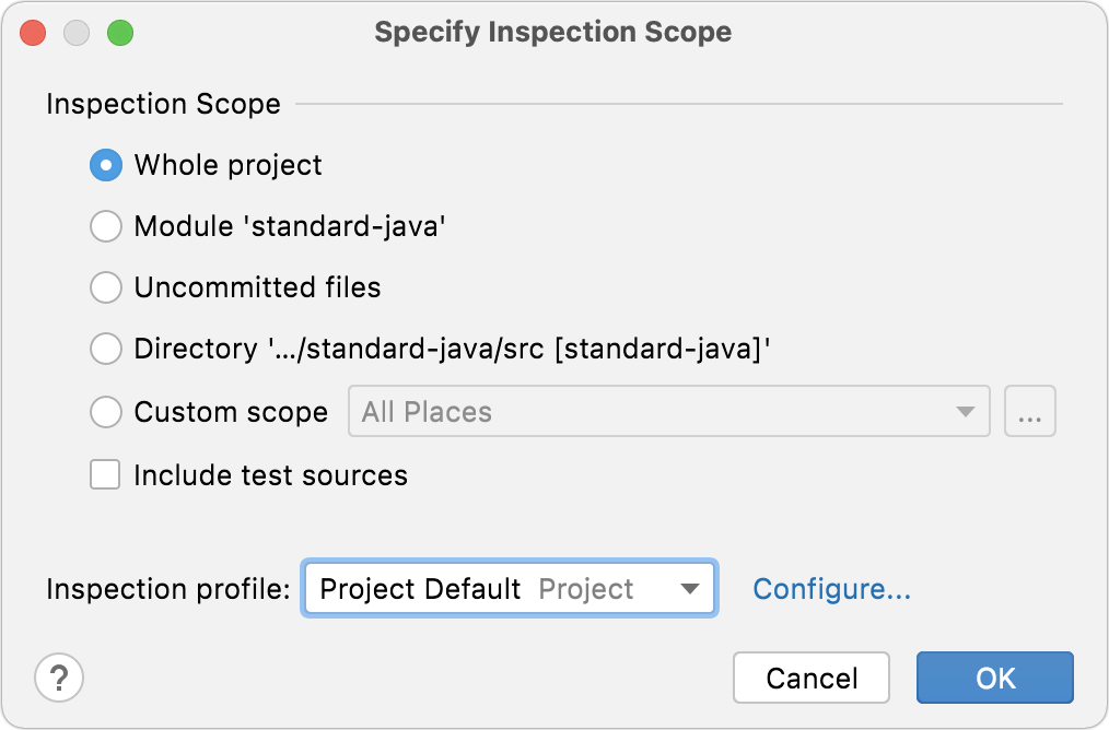 The Specify Inspection Scope dialog