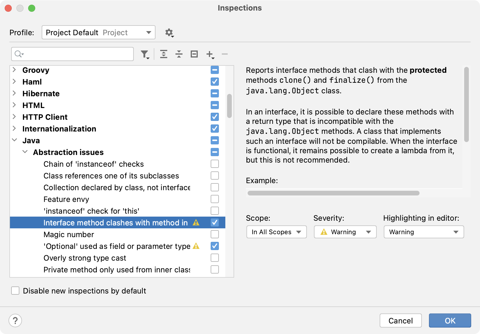 The list of inspections and their settings