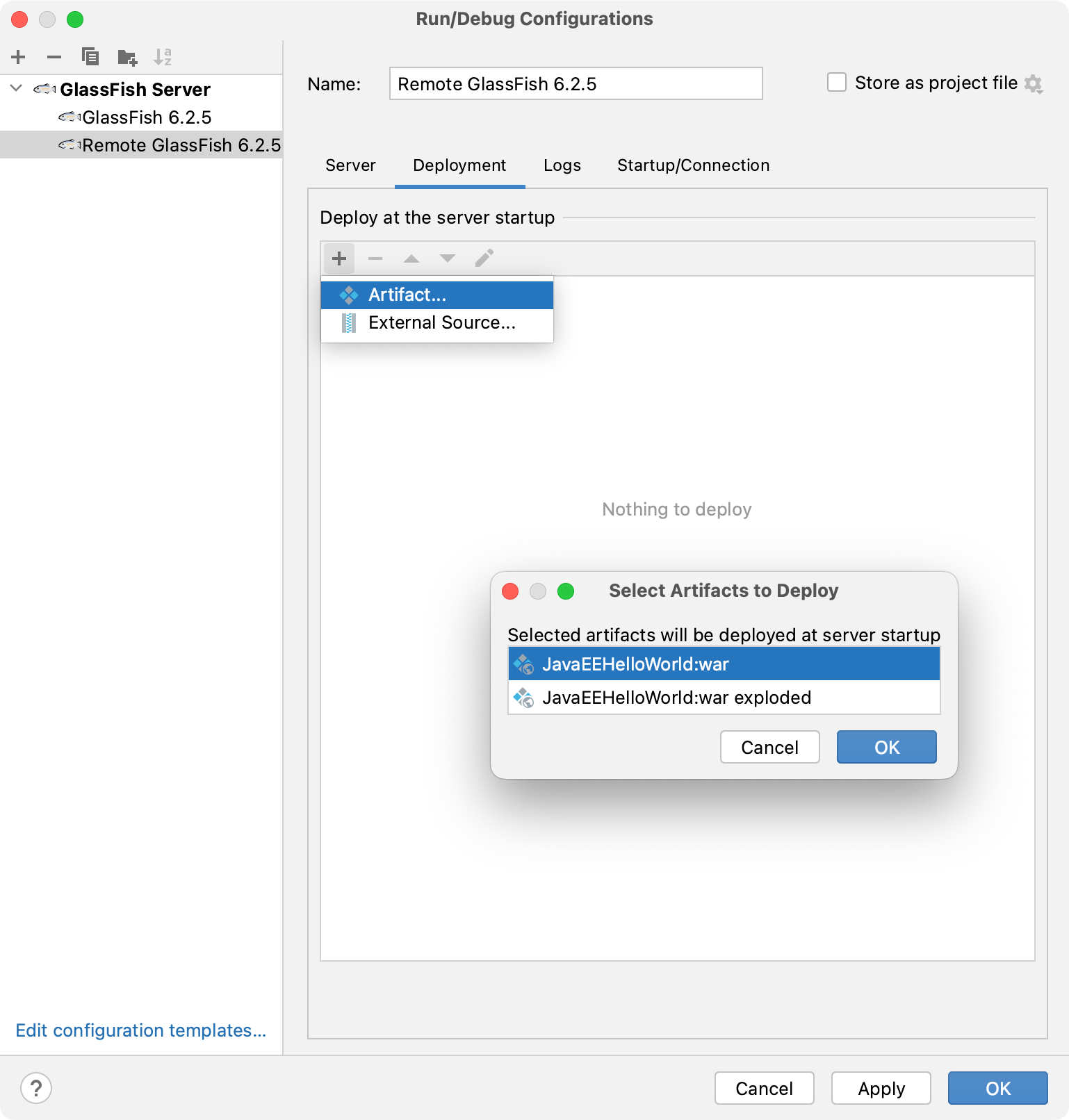 Remote GlassFish run configuration artifacts to deploy