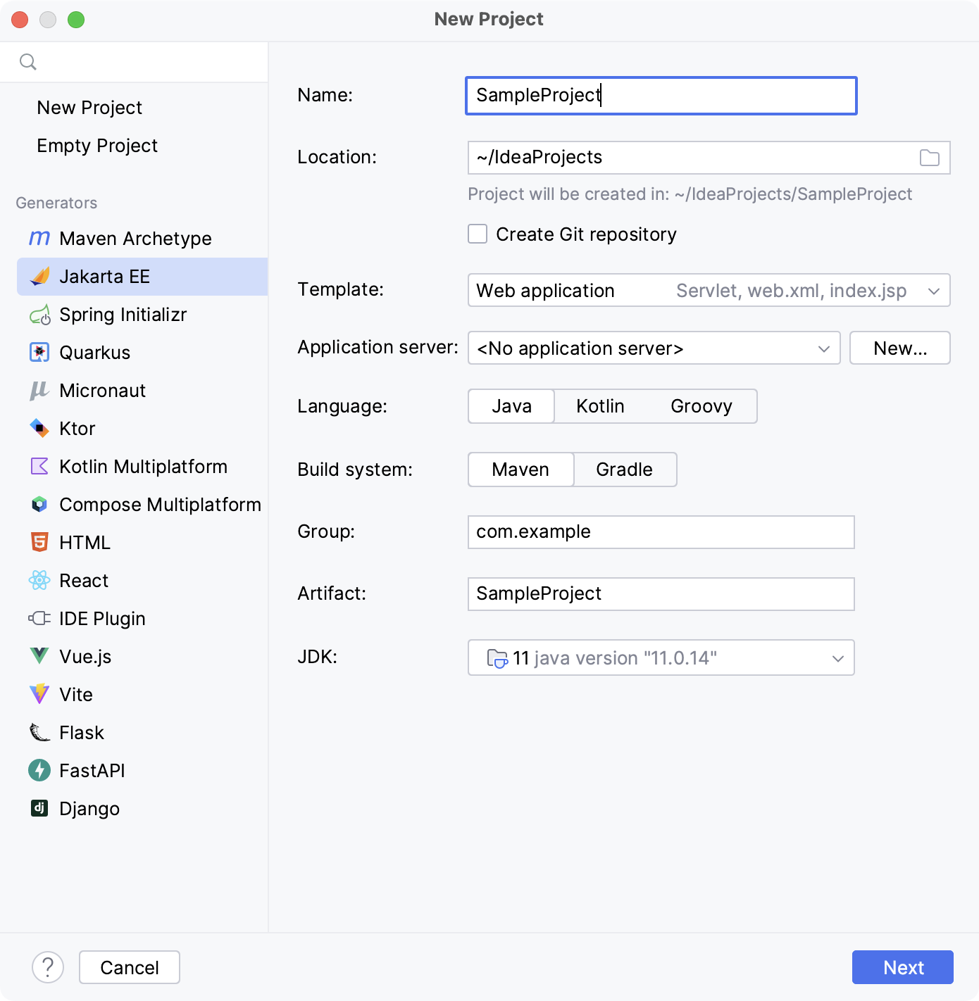 Creating new Java Enterprise project