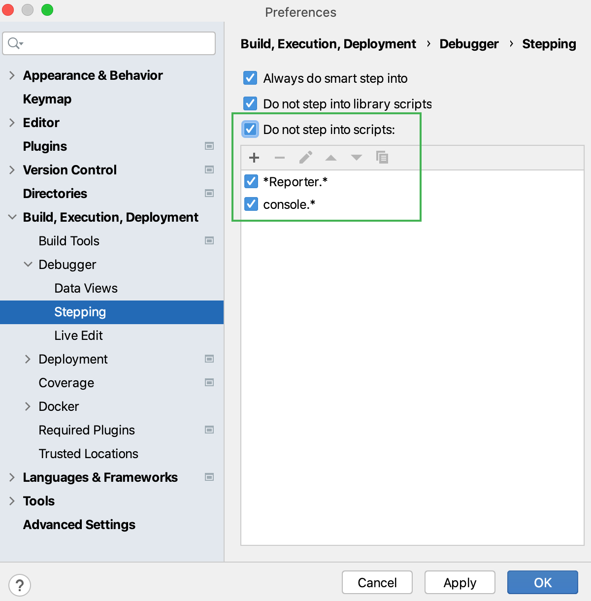 JavaScript debugger: skip scripts