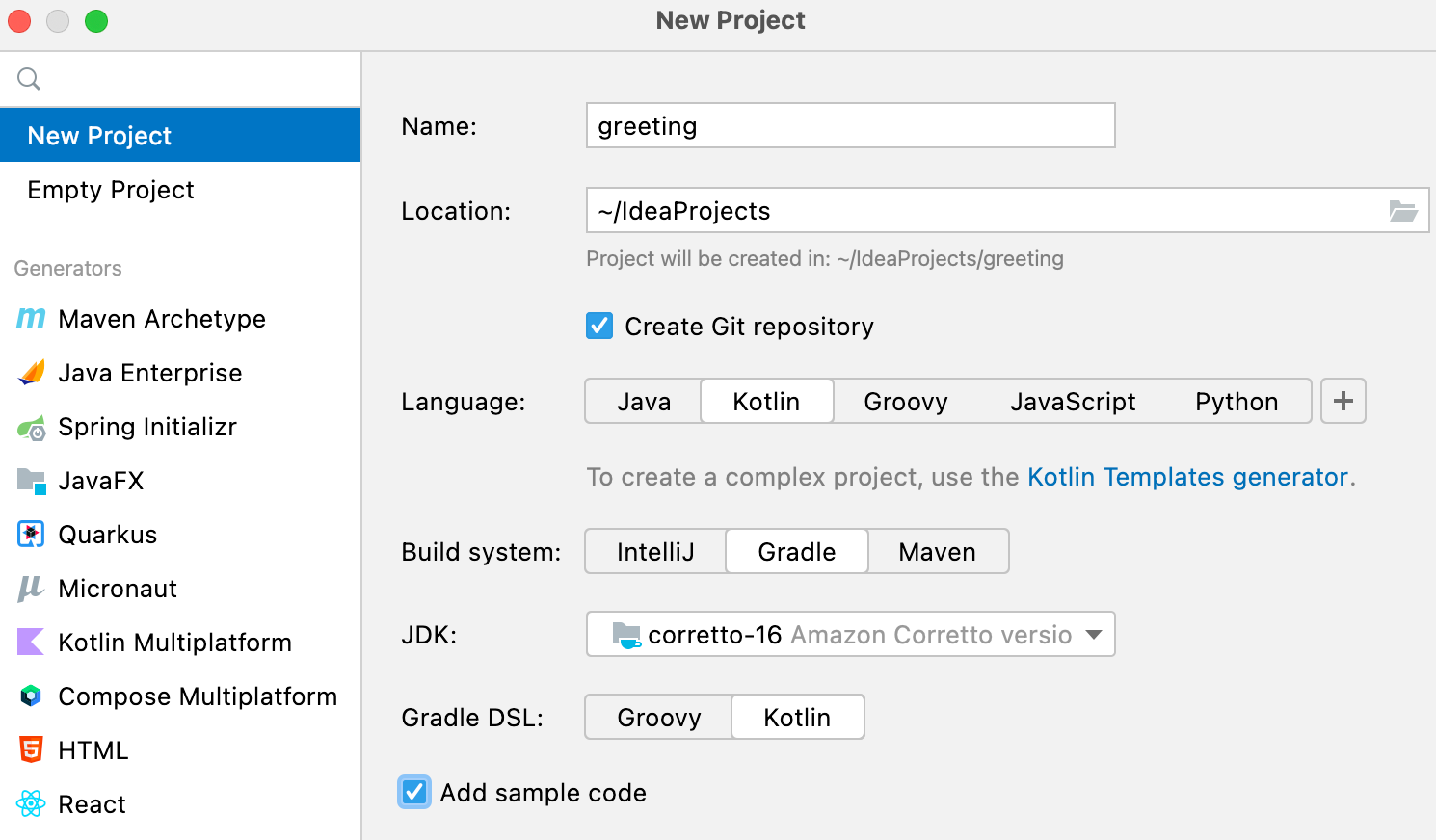 New Kotlin project with the Gradle build system with Kotlin DSL