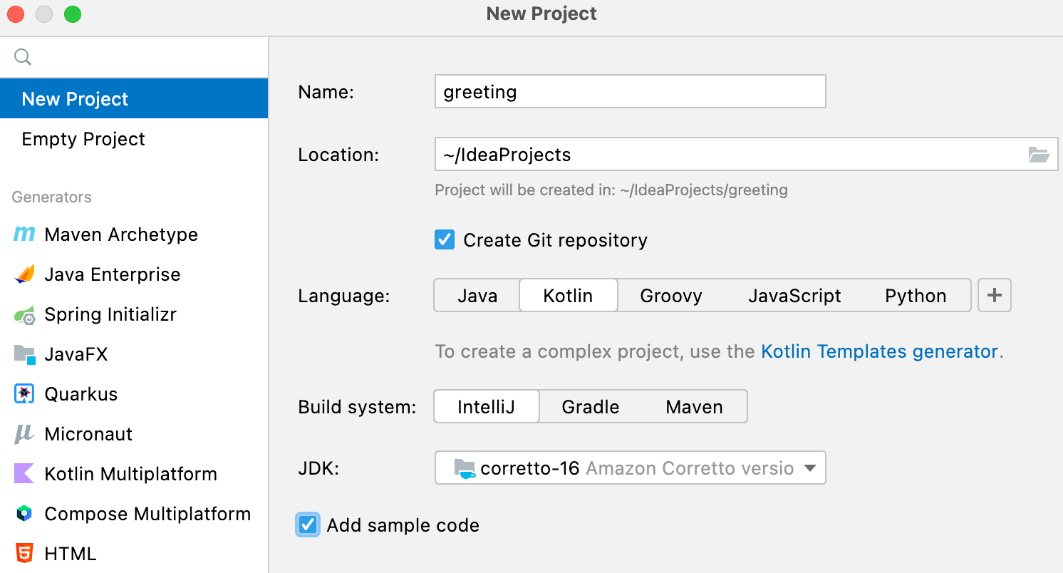 New Kotlin project with the IntelliJ build system