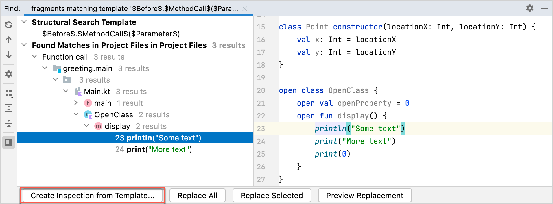 Create a new inspection from the replace template