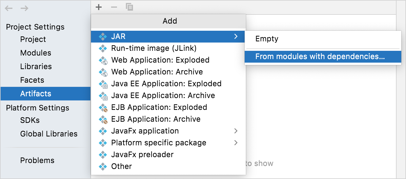 Adding new artifact in the Project Structure dialog