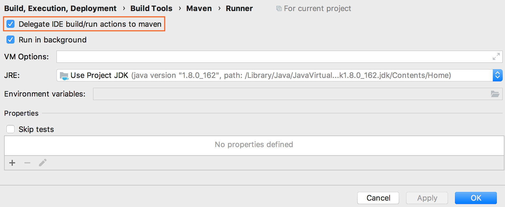 Maven Settings / Runner page