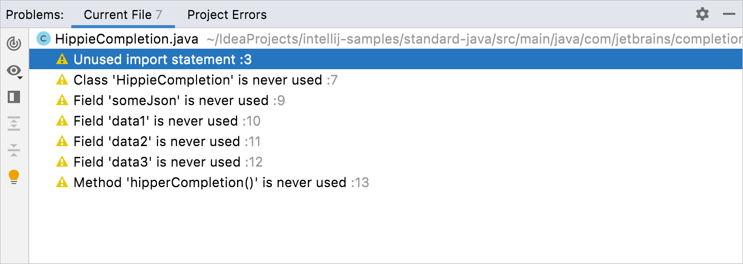 IntelliJ IDEA: Problems tool window. Current File tab