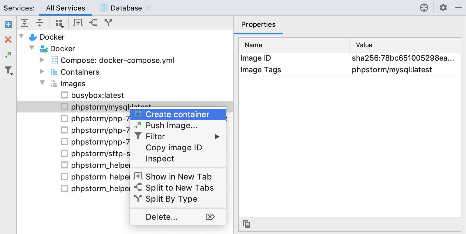 The Create container context menu item