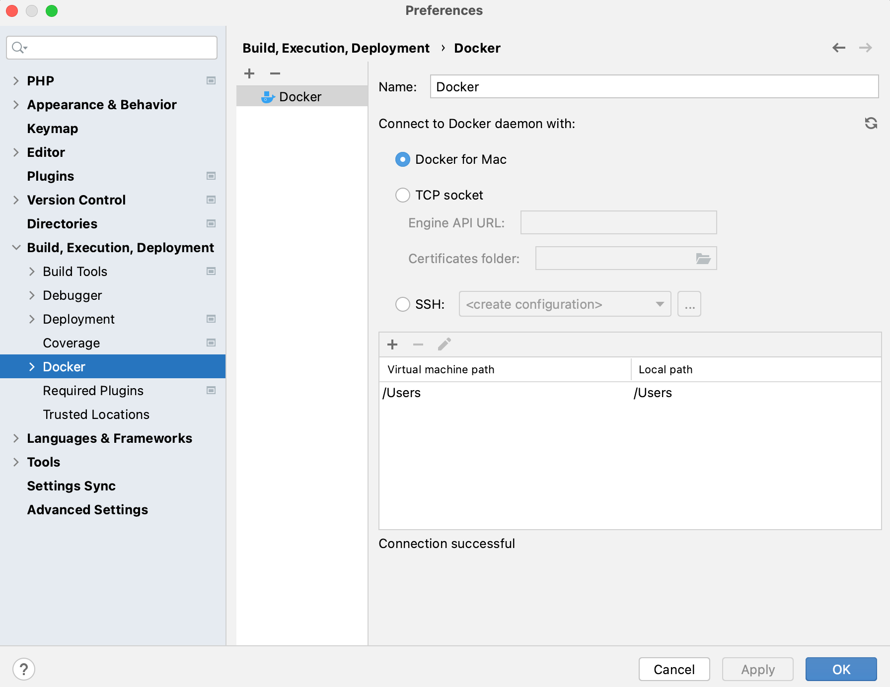 Docker connection settings