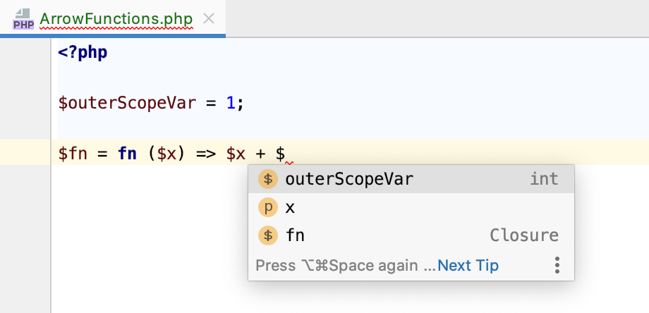 Outer scope variables completion inside a closure