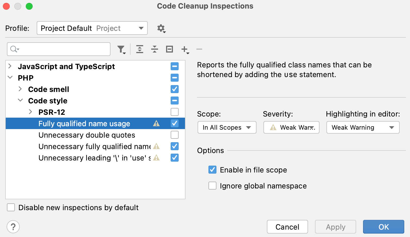 the Code Cleanup Inspections dialog: FQN Inspections