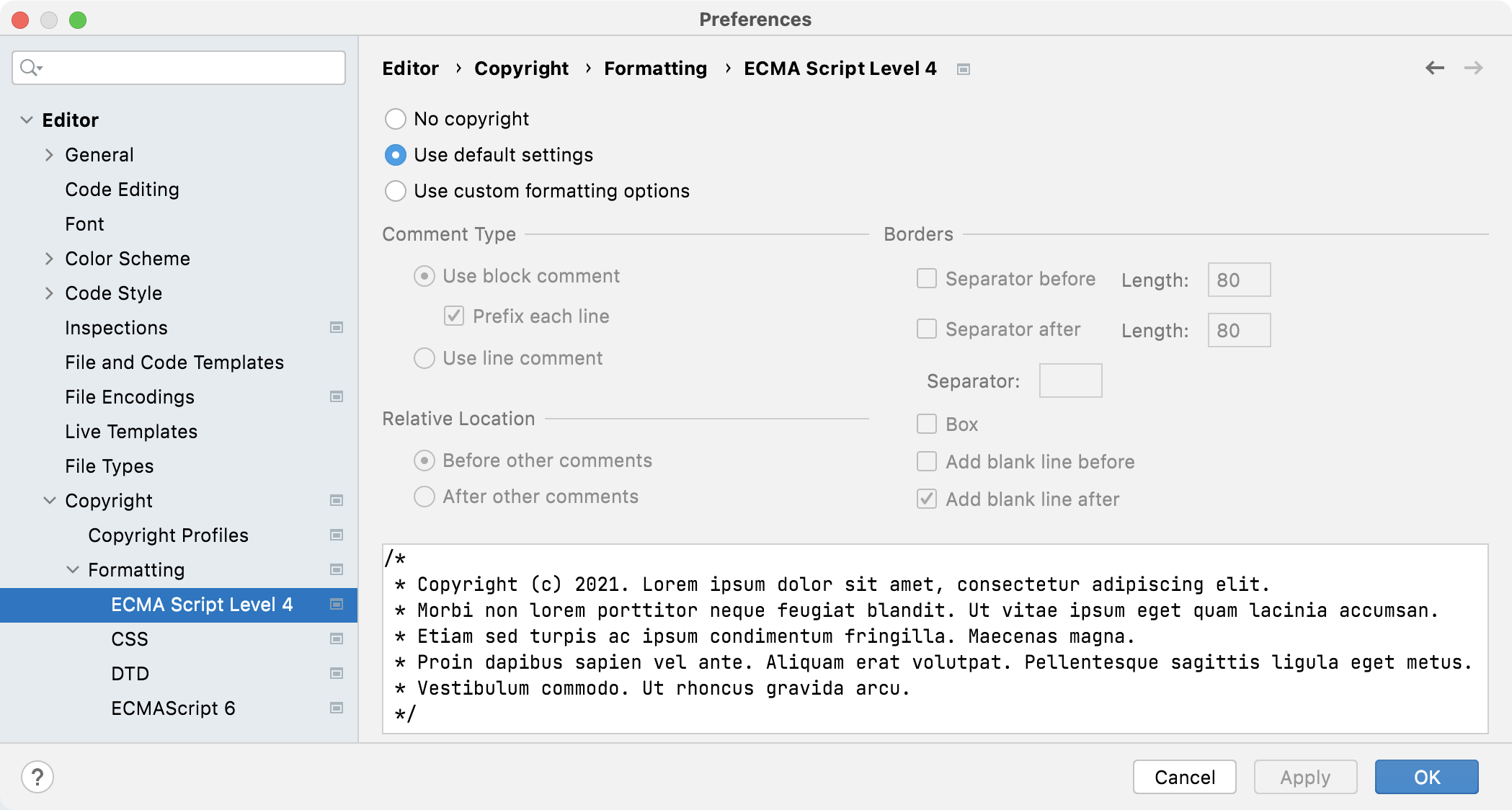Changing the formatting for a copyright notice