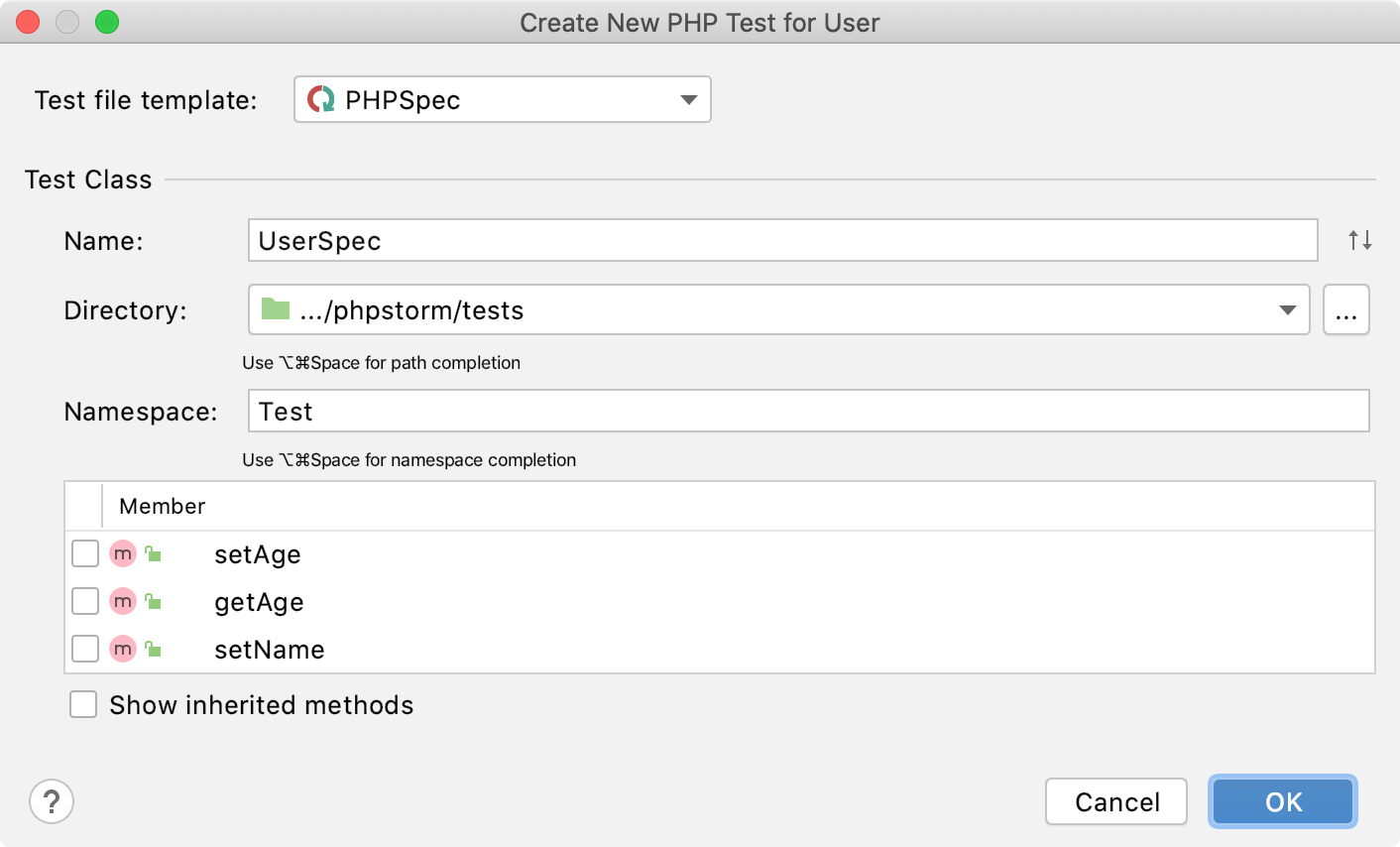 the Create new phpspec test dialog