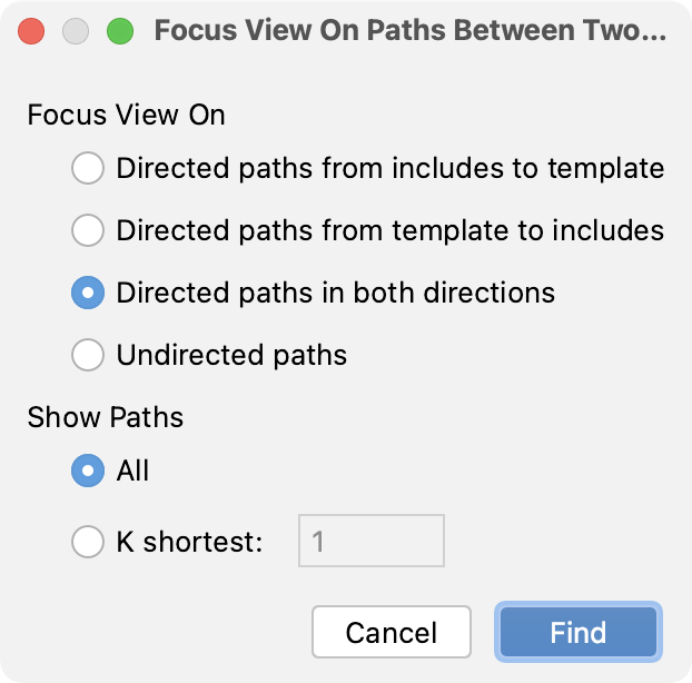 The Focus on Paths between Two Nodes dialog