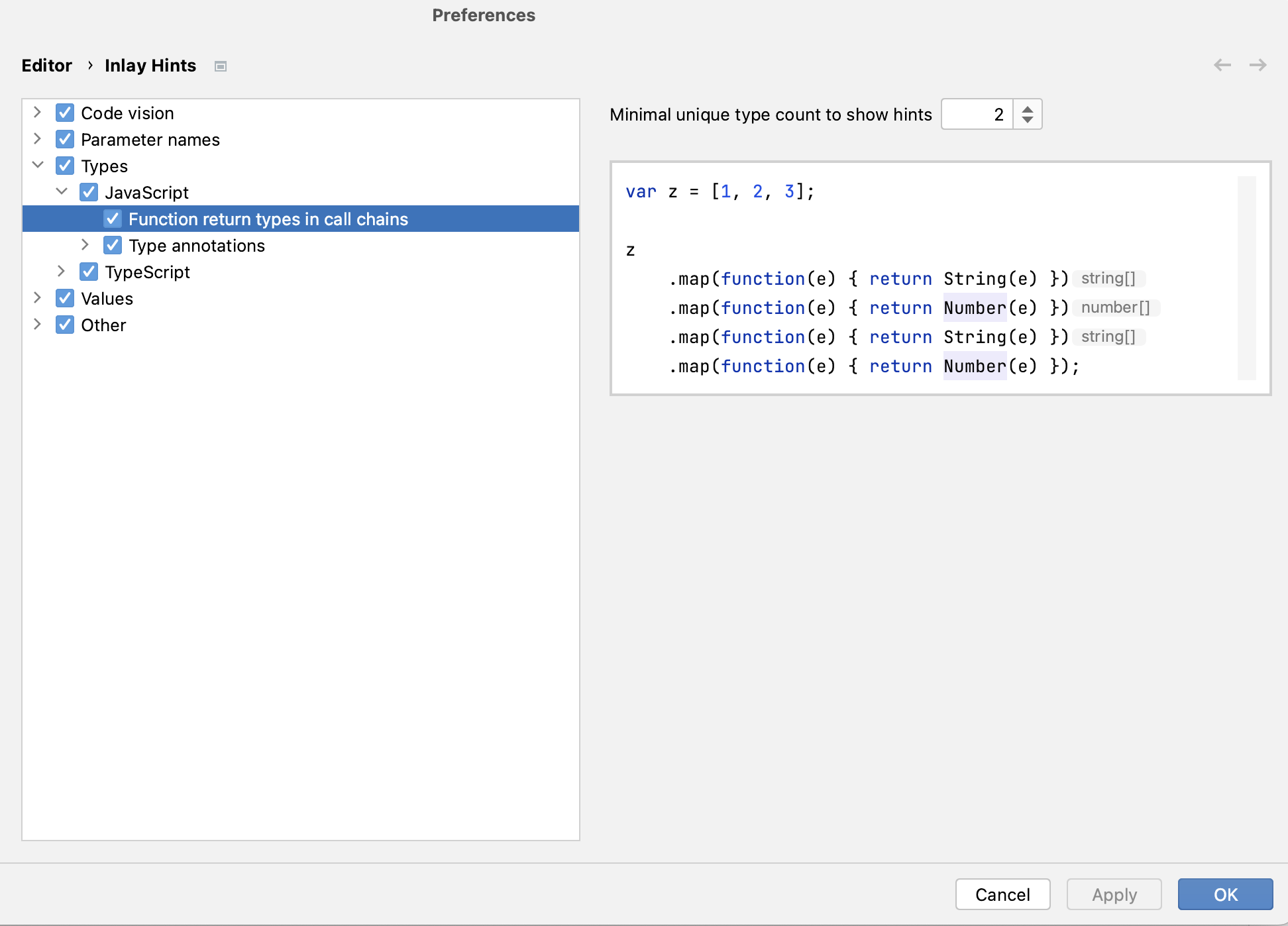 Inlay hints, types: call chains