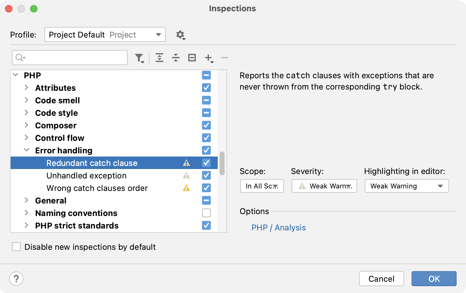 The list of inspections and their settings