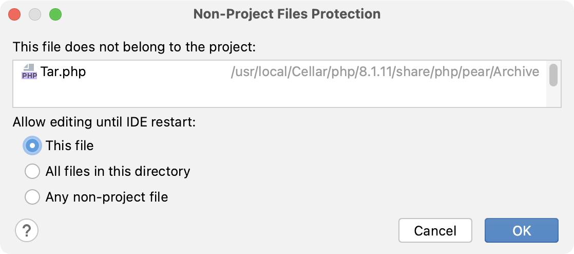 Non-Project Files Protection dialog