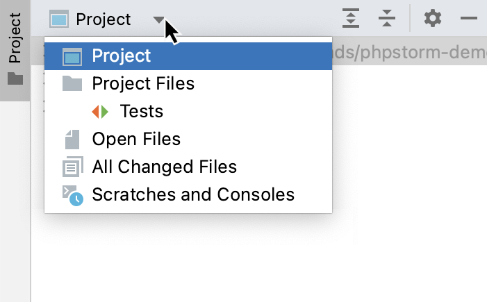 PhpStorm: choosing a view in the Project tool window