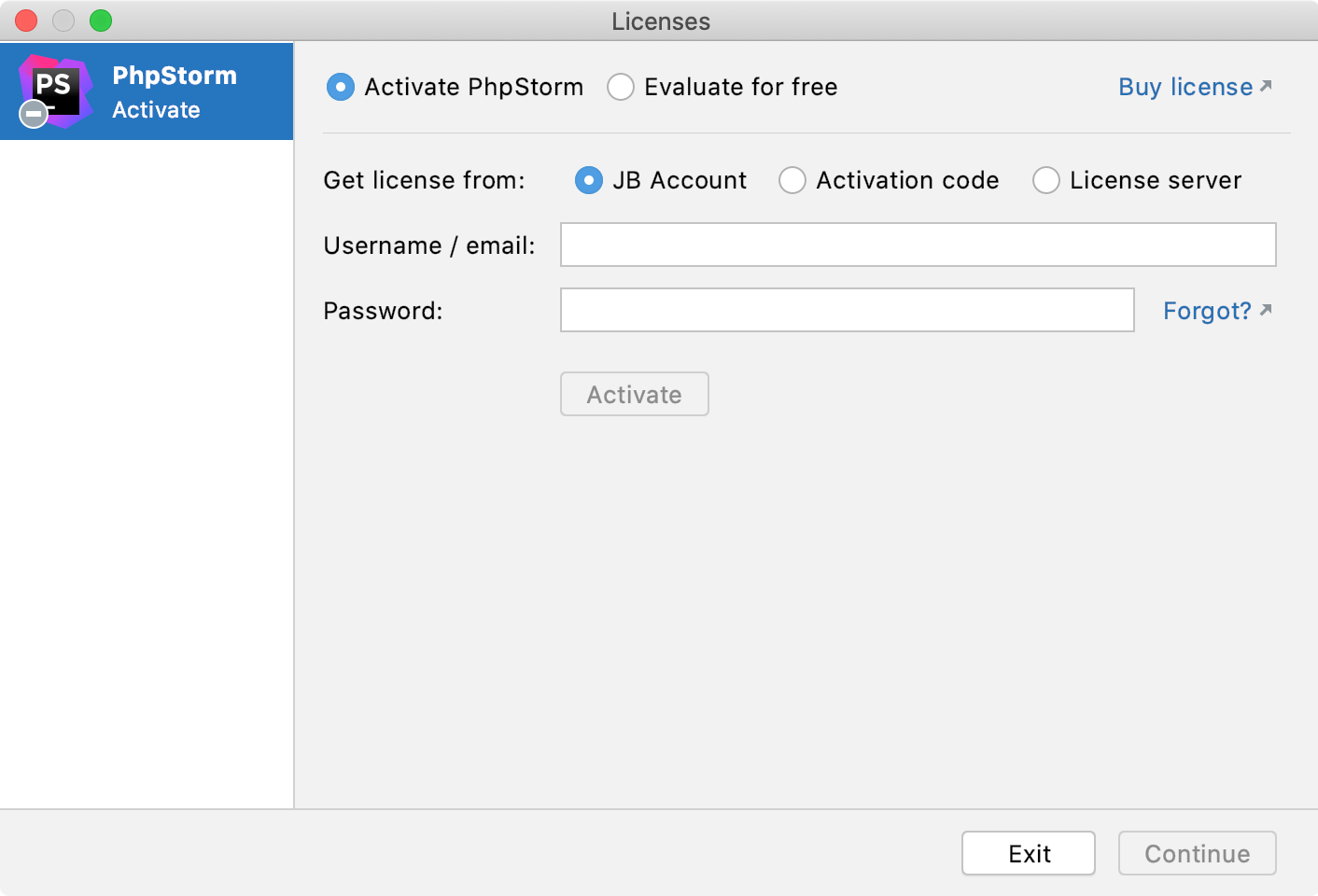 PhpStorm: Licenses dialog