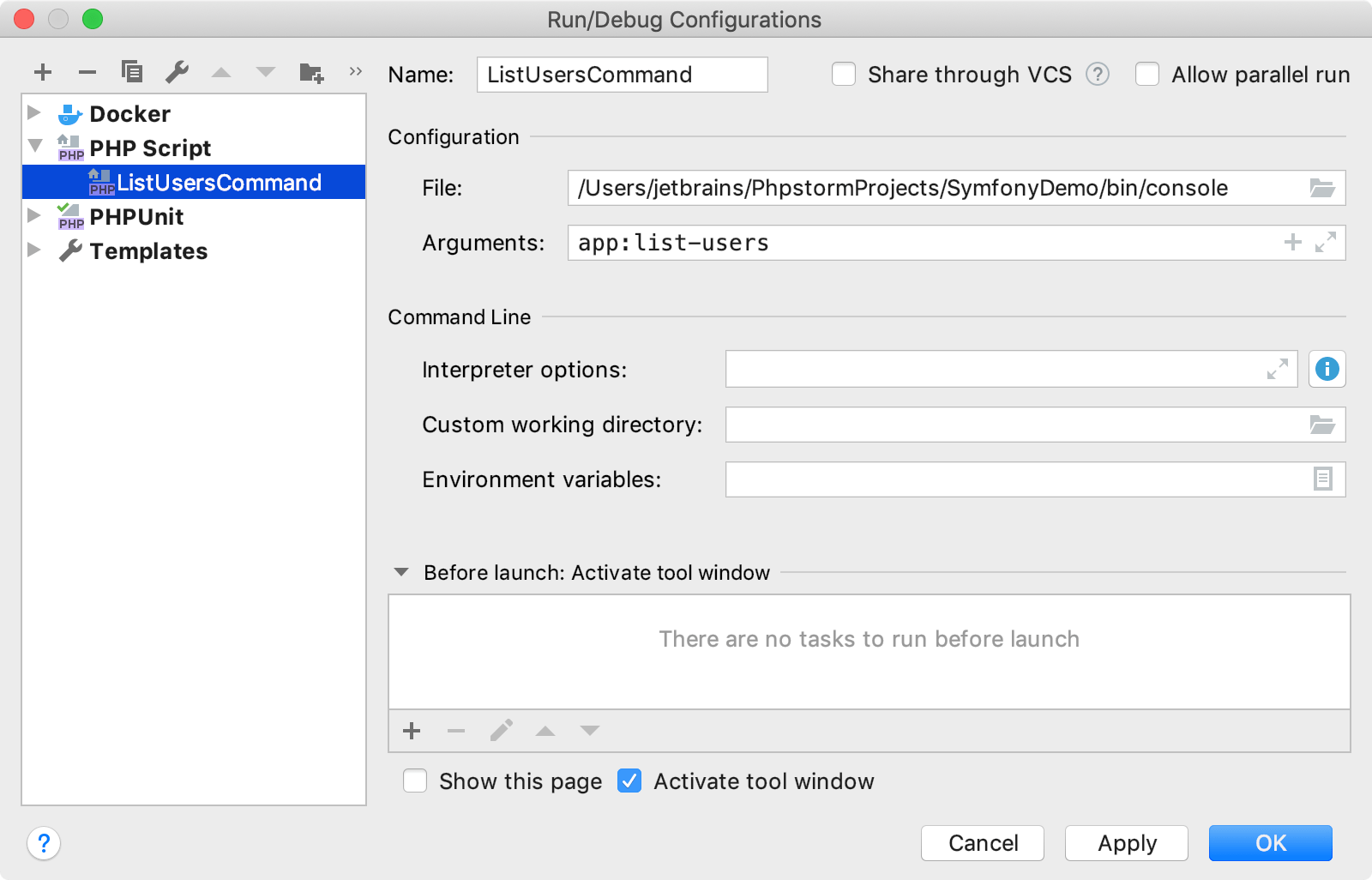 Run/Debug Configurations dialog for Symfony CLI command