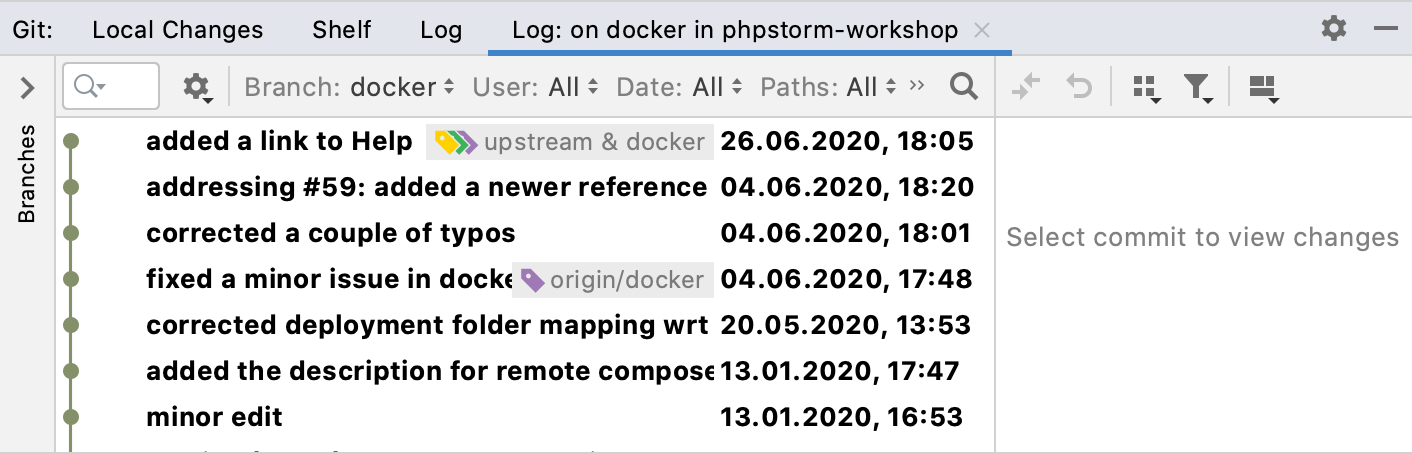 Log tab in the Git tool window filtered by branch