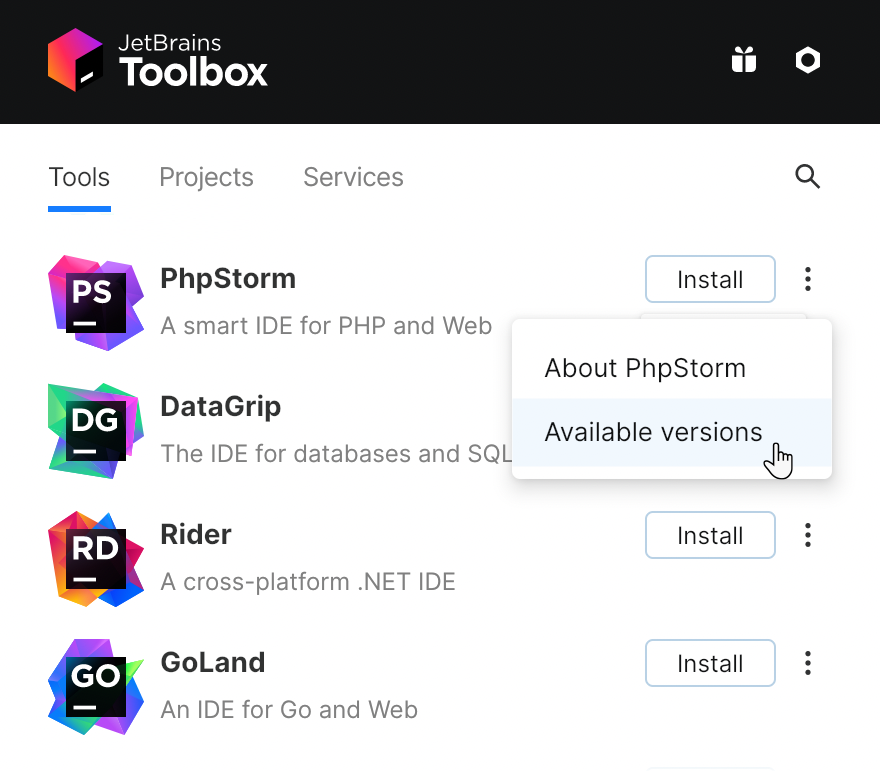 PhpStorm in the Toolbox App