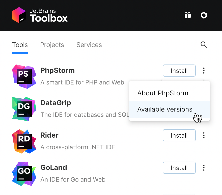 PhpStorm in the Toolbox app