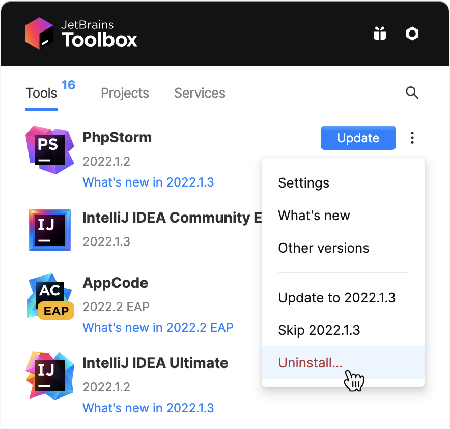 Uninstall PhpStorm using the Toolbox App