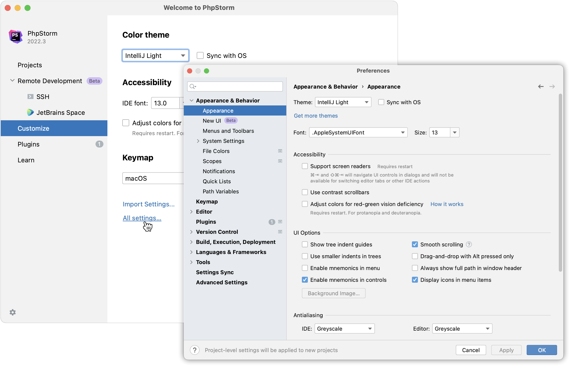 Configuring new default settings for projects