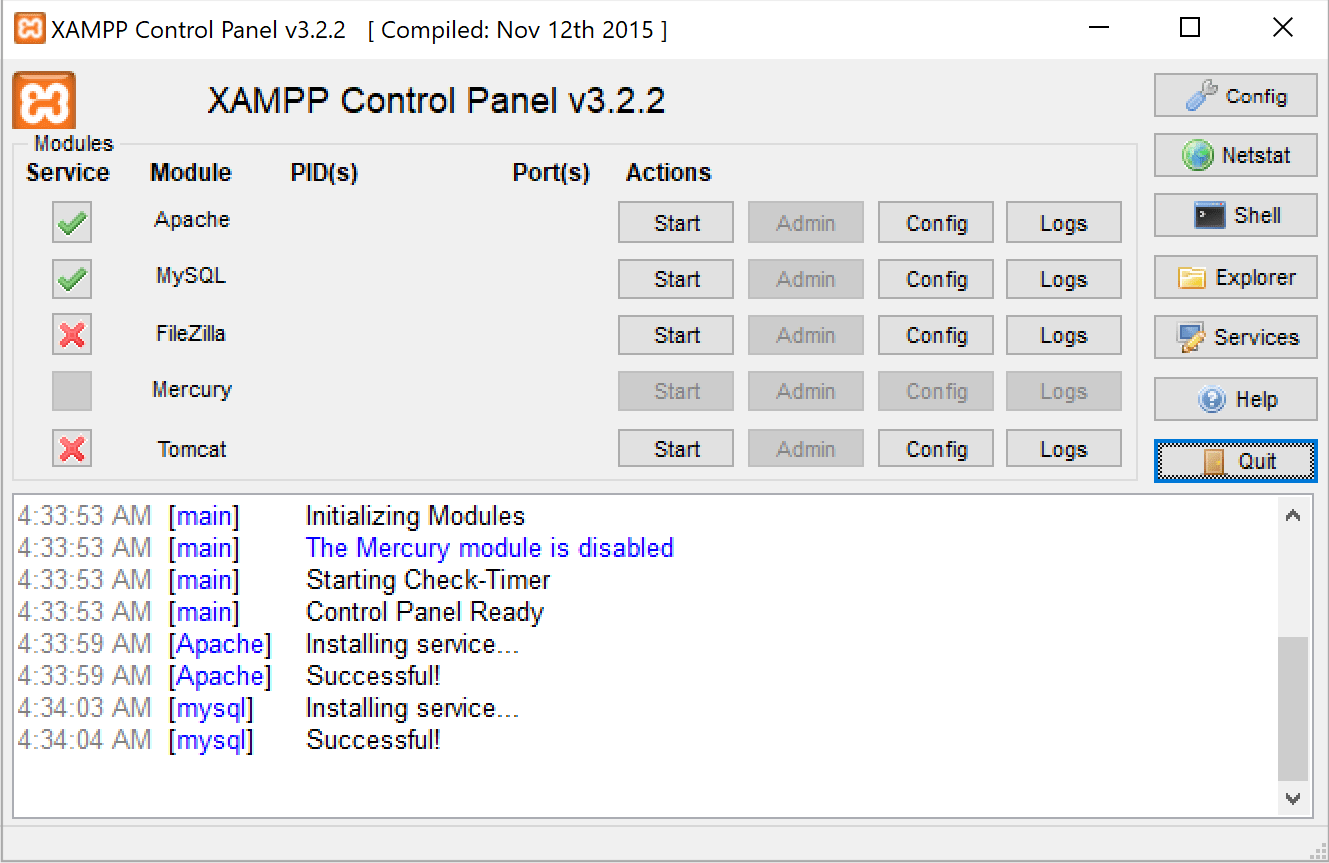 XAMPP installed services