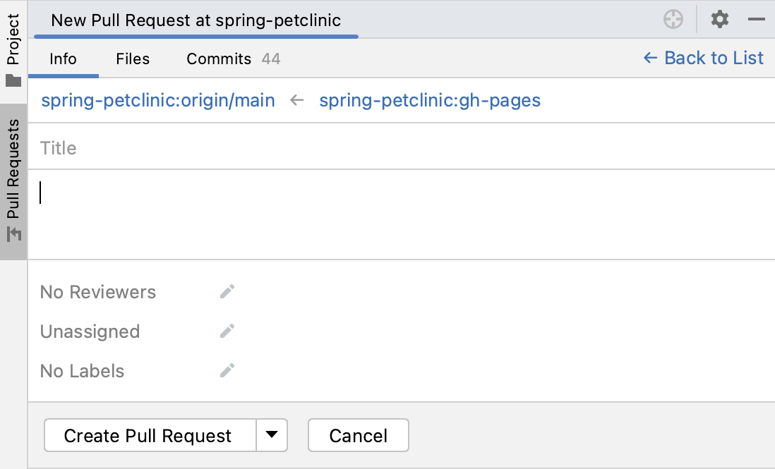 Pull Requests tool window with a new pull request