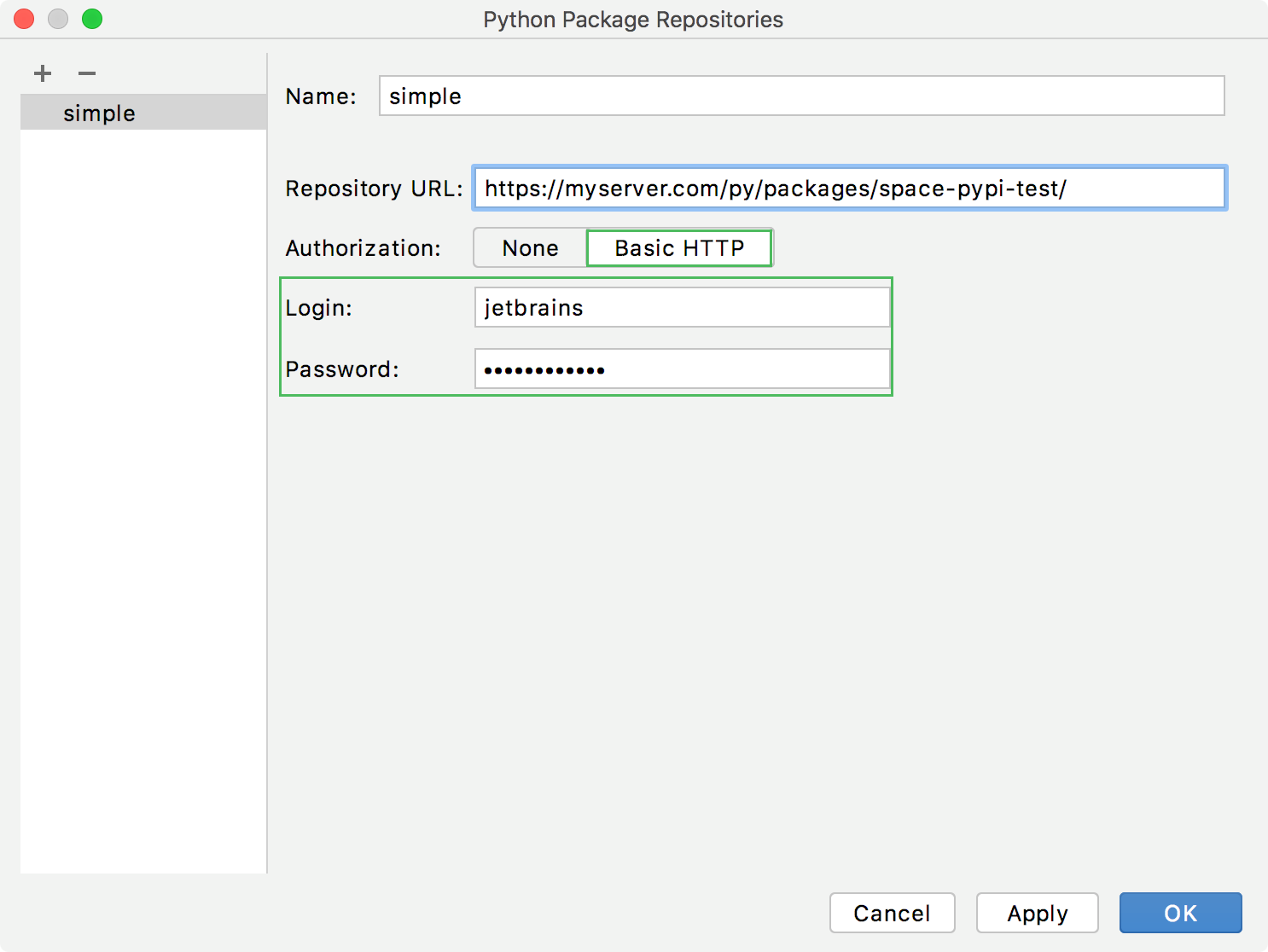 Adding a Python repository: Basic HTTP Authorization