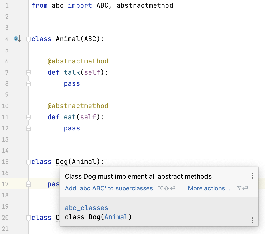 Implement methods of an abstract class | PyCharm Documentation