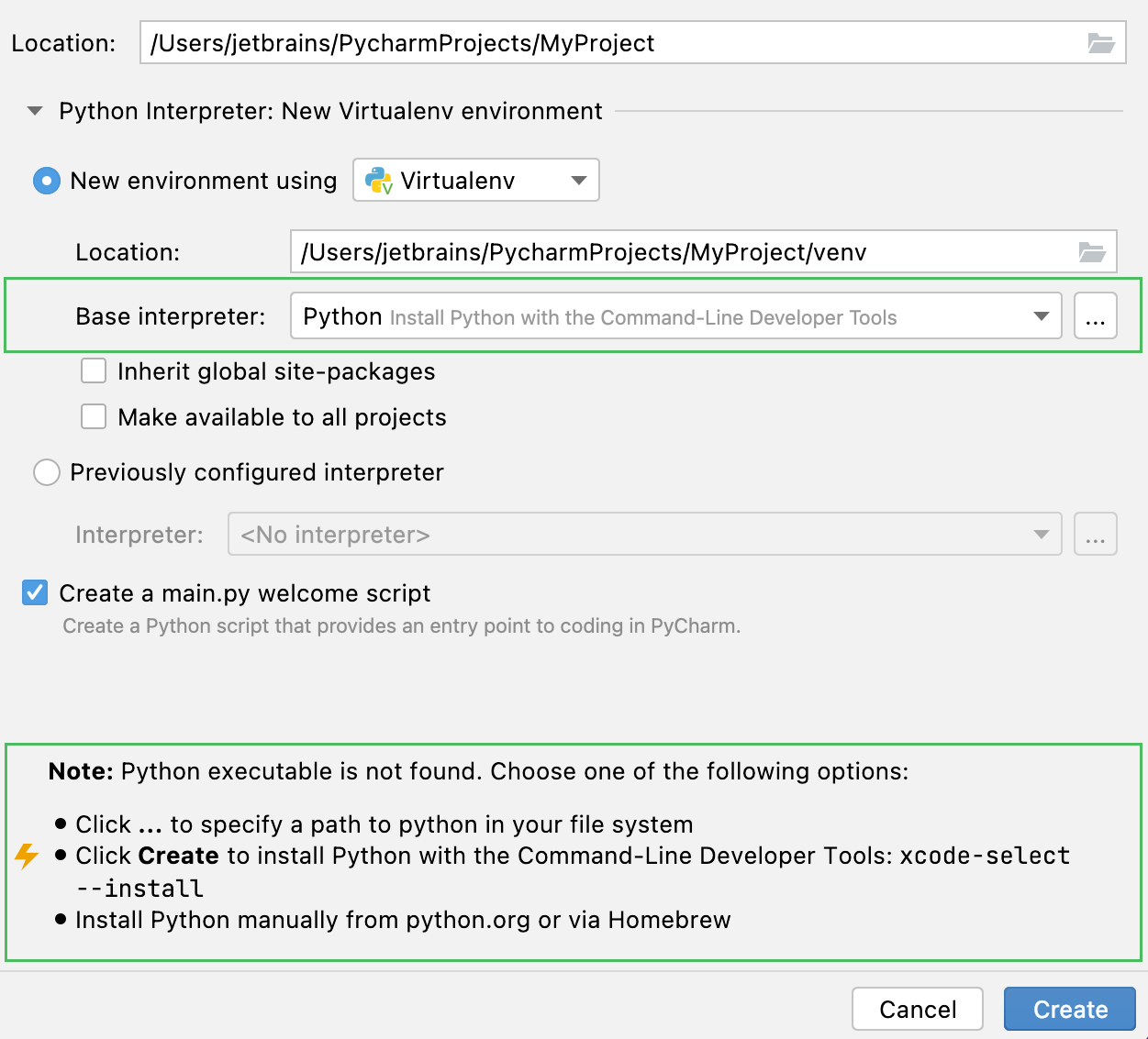 Downloading Python when creating a new project