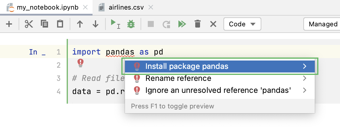 Select install package pandas