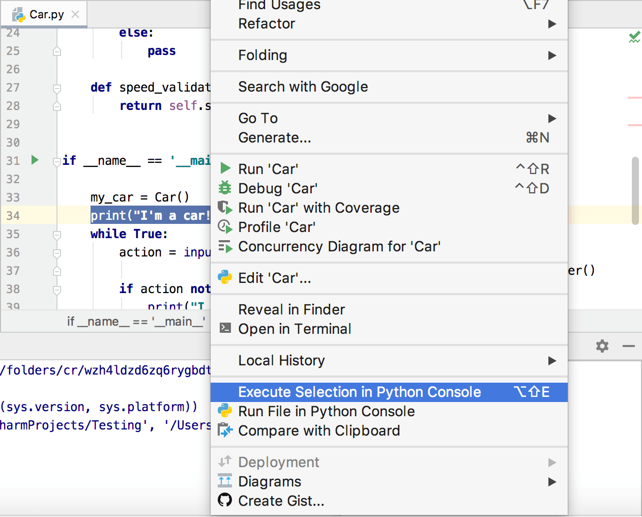 Context menu for executing the code selection