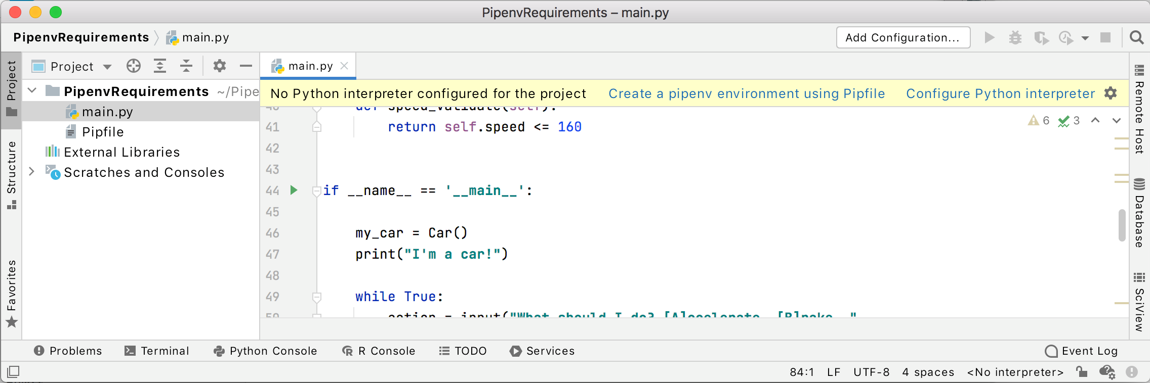 Warning with options for configuring a project interpreter