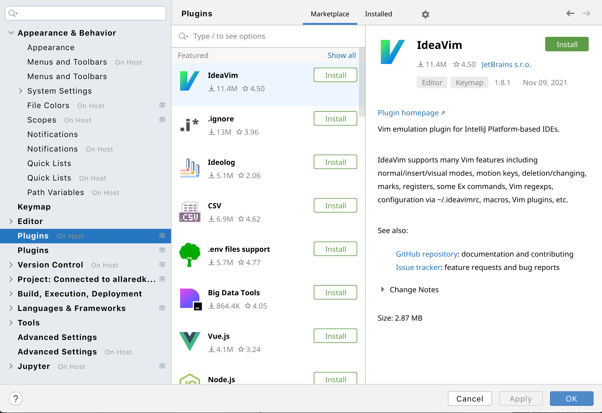 The Plugins settings dialog