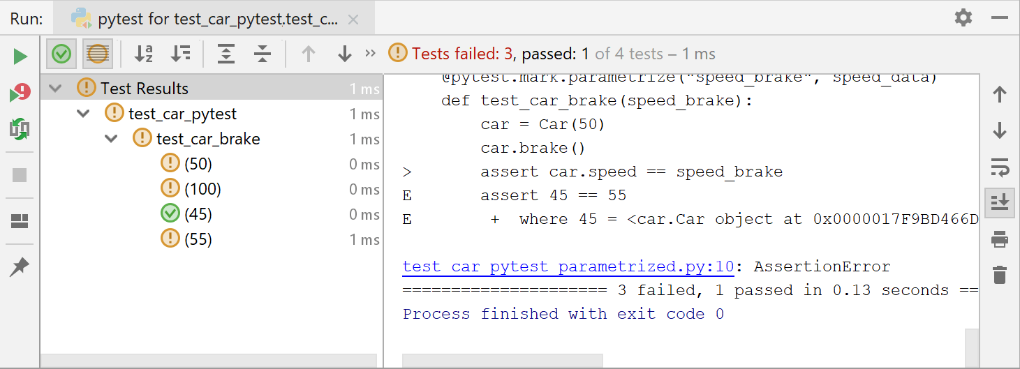 Three tests failed and one test passed for the car.brake function