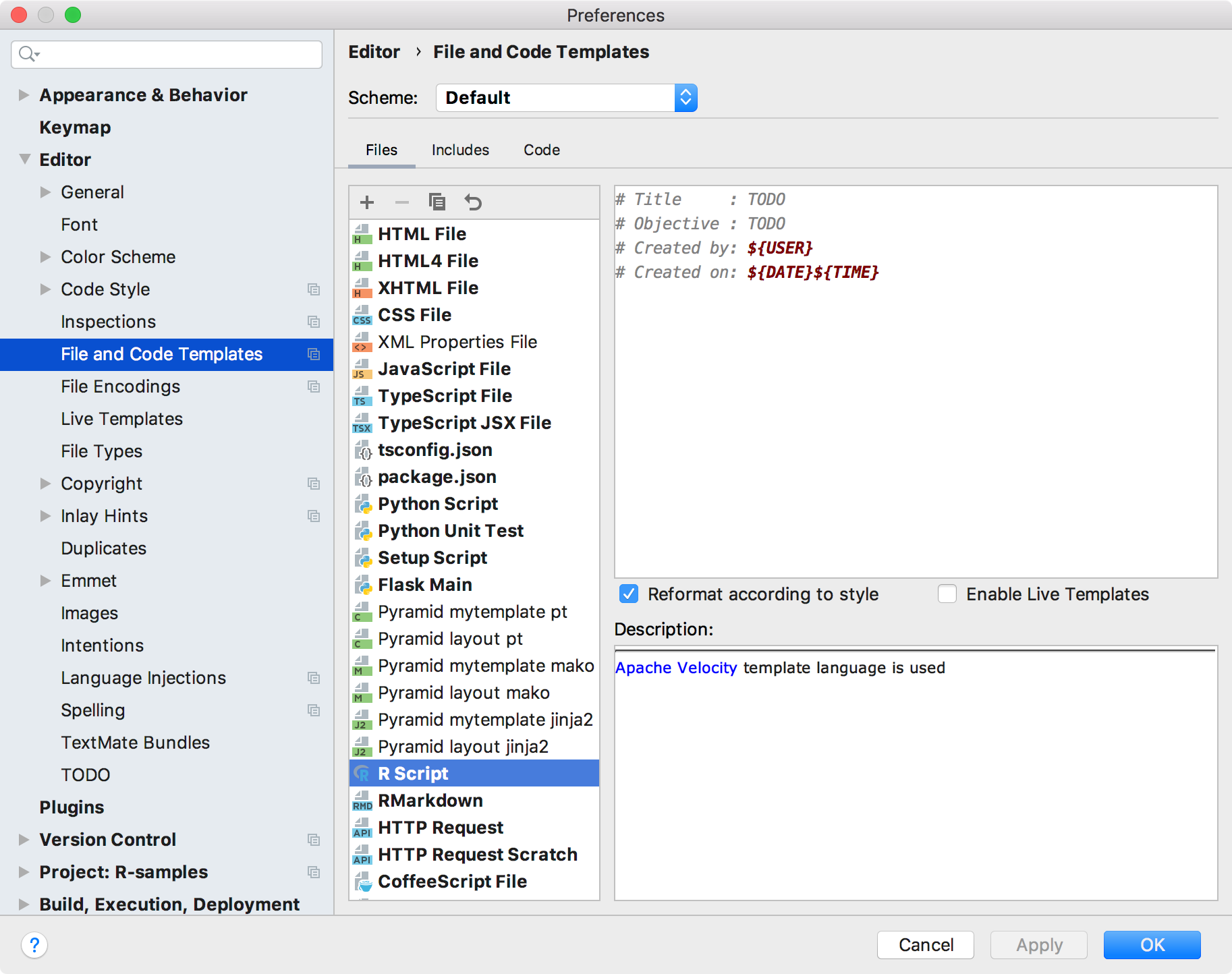 File template settings for R