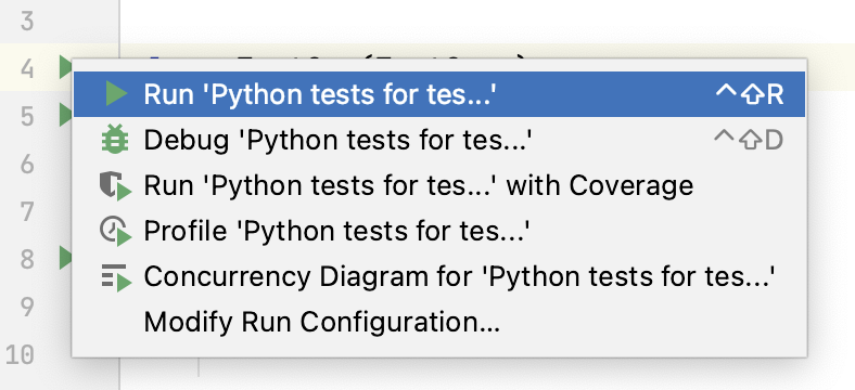 Running a test from the context menu