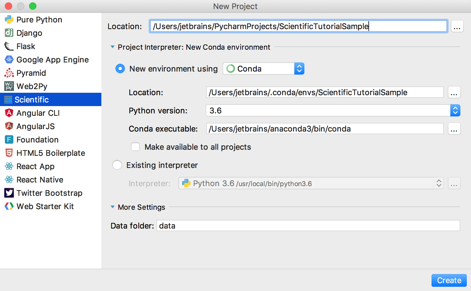 creating a new scientific project in PyCharm