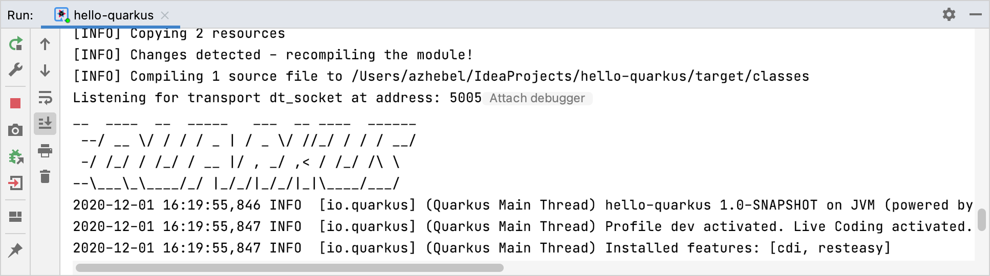 Quarkus application running in the Run tool window
