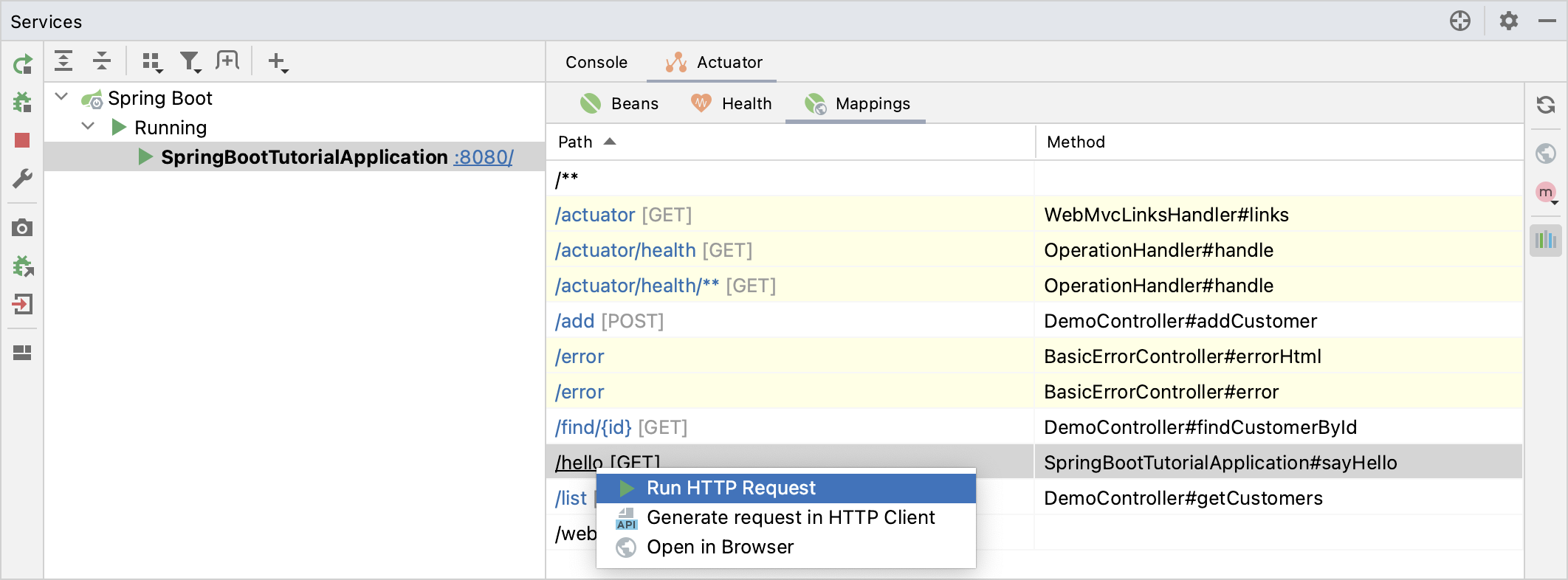 Opening HTTP request mappings from Services tool window