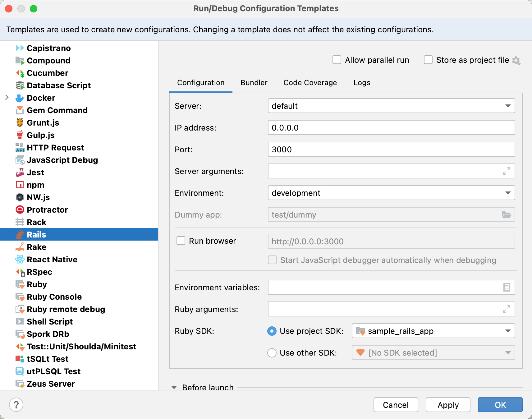 run/debug templates