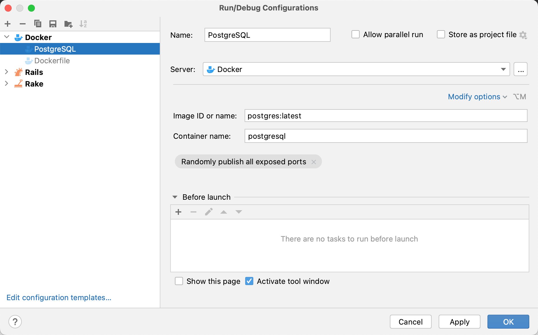 Docker Image run configuration dialog