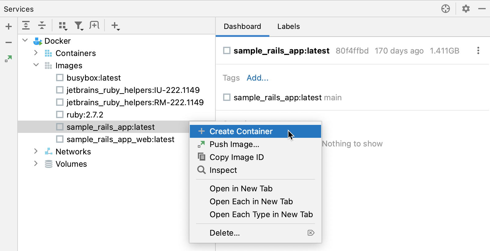 The Create container context menu item