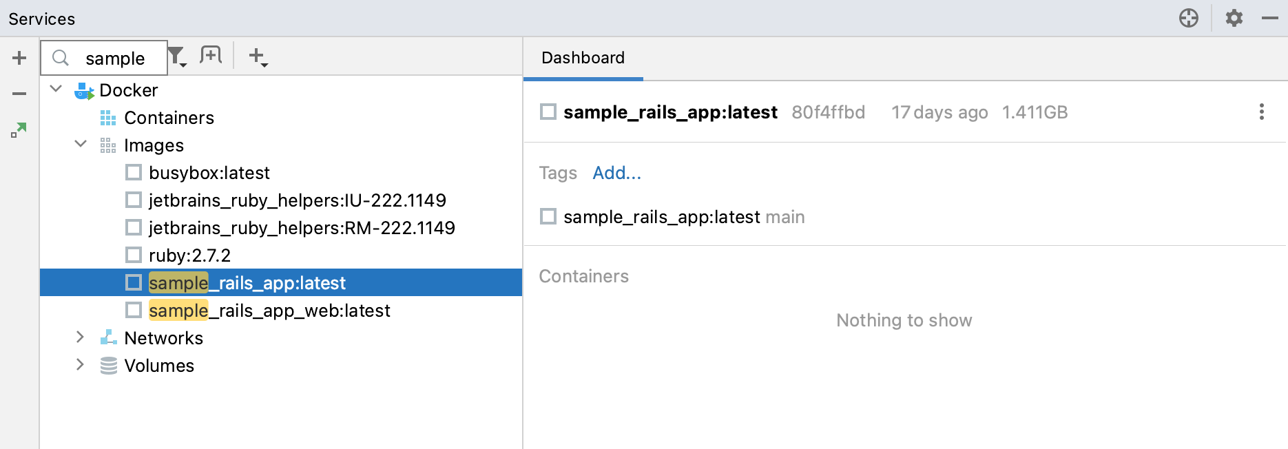Search for a docker image in the Services tool window